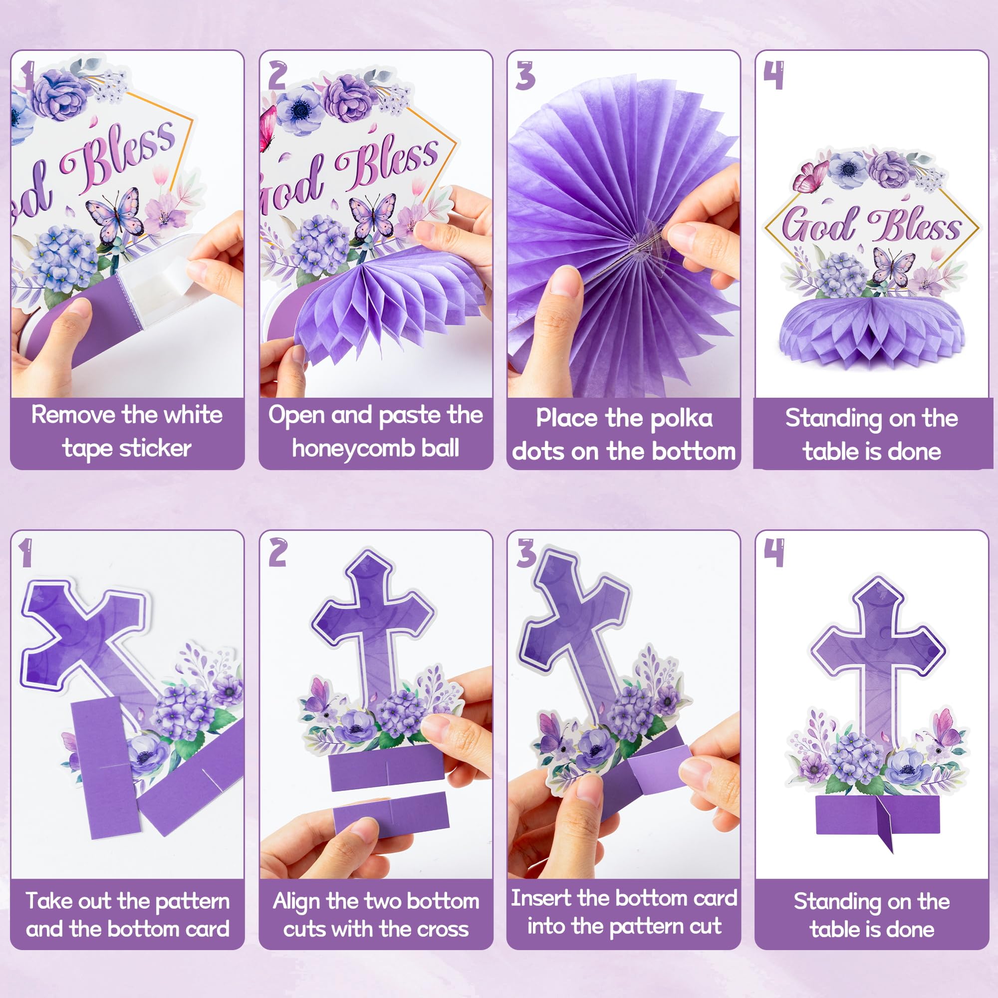 ANGOLIO Purple Floral God Bless Honeycomb Centerpieces - 12Pcs God Baptism Table Party Decoration First Communion Honeycomb Centerpieces for Baby Shower Birthday Party Photo Props Decor Gender Reveal - Image 3