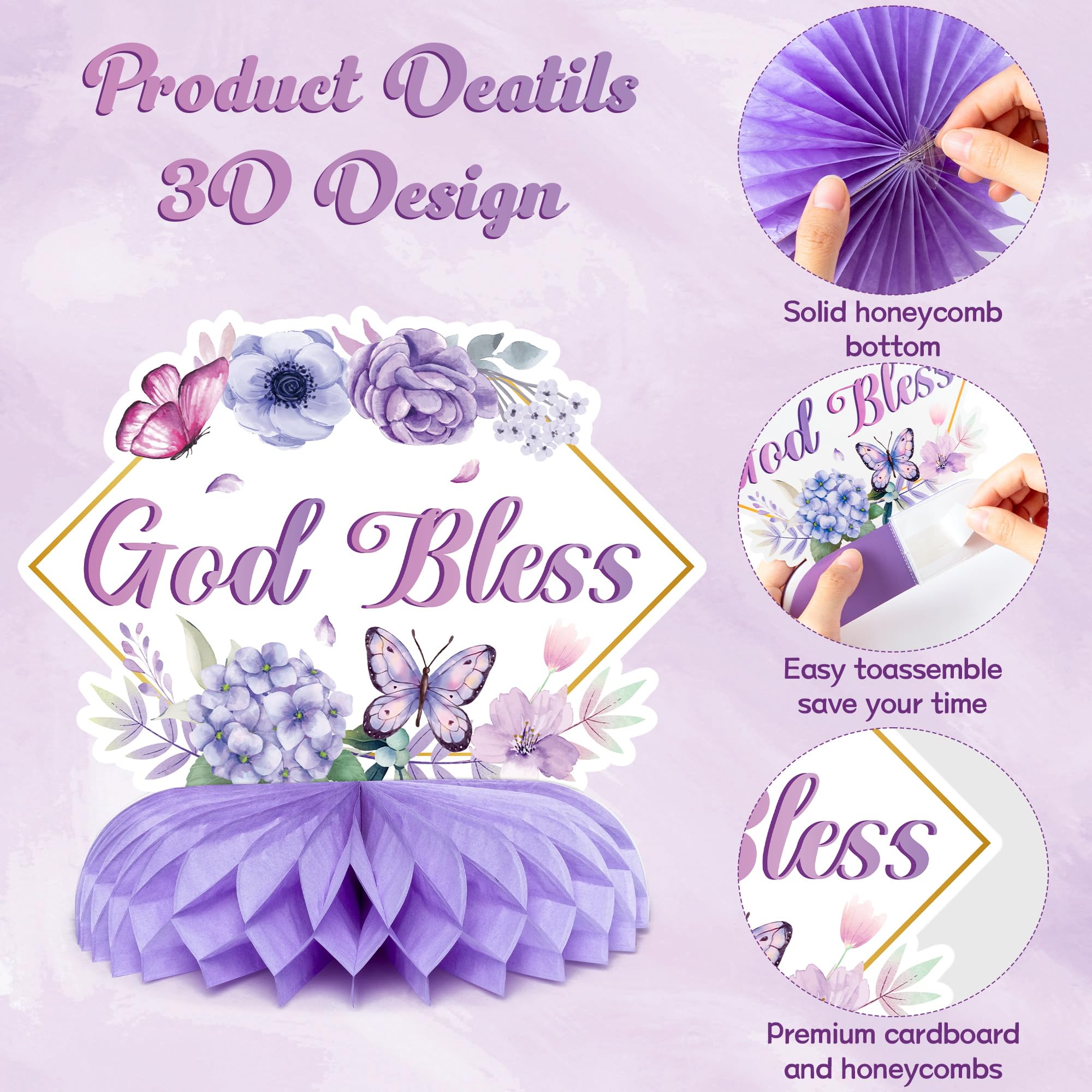 ANGOLIO Purple Floral God Bless Honeycomb Centerpieces - 12Pcs God Baptism Table Party Decoration First Communion Honeycomb Centerpieces for Baby Shower Birthday Party Photo Props Decor Gender Reveal - Image 4