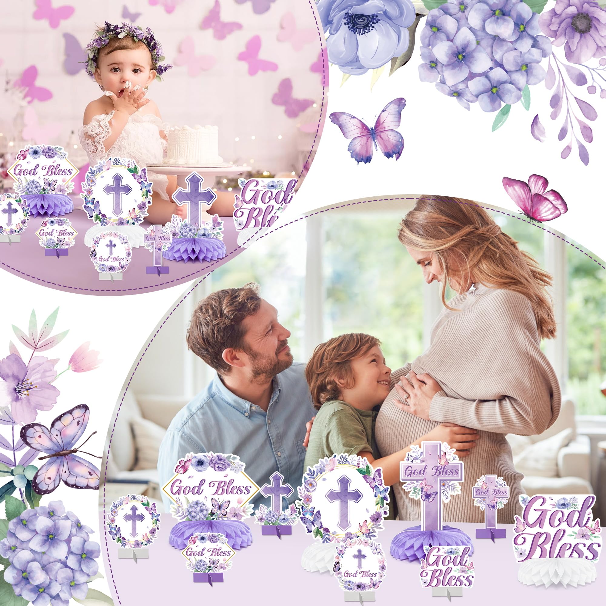 ANGOLIO Purple Floral God Bless Honeycomb Centerpieces - 12Pcs God Baptism Table Party Decoration First Communion Honeycomb Centerpieces for Baby Shower Birthday Party Photo Props Decor Gender Reveal - Image 6