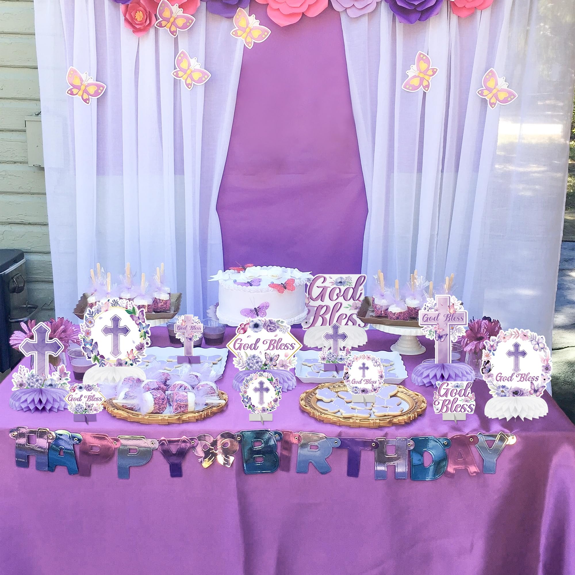 ANGOLIO Purple Floral God Bless Honeycomb Centerpieces - 12Pcs God Baptism Table Party Decoration First Communion Honeycomb Centerpieces for Baby Shower Birthday Party Photo Props Decor Gender Reveal - Image 7