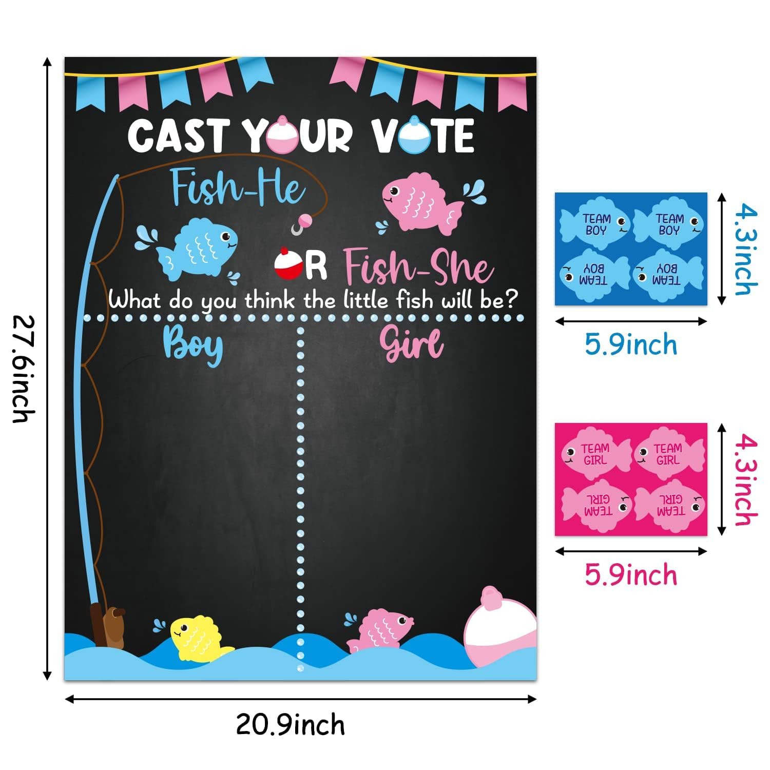 ANGOLIO Summer Fishing Theme Gender Prediction Game Kit - Baby Shower Gender Reveal Voting Poster with Adhesive Fish Cutouts Decor Supplies for Babys Guests Kids Adults Cast Your Vote Catch Surprise - Image 3