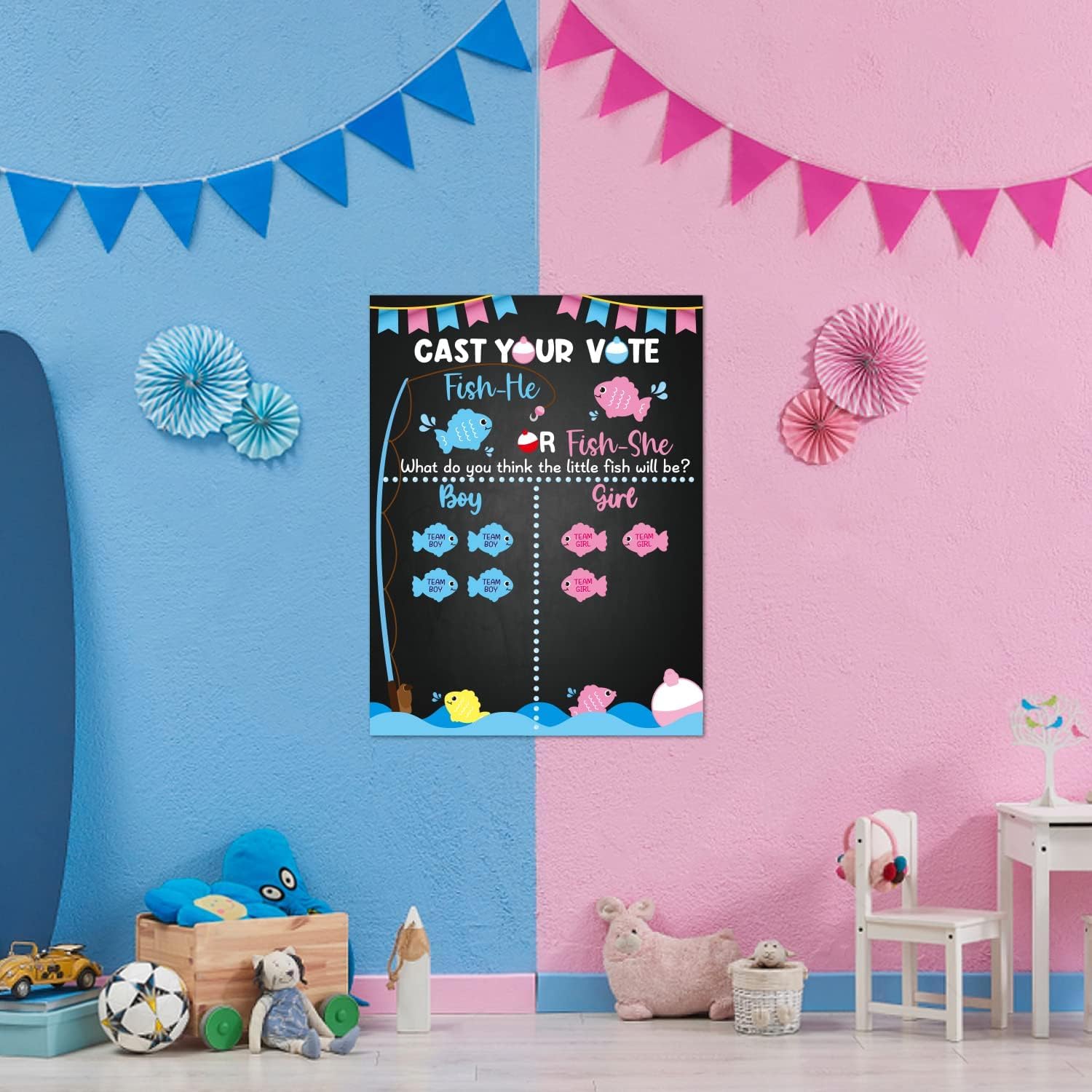 ANGOLIO Summer Fishing Theme Gender Prediction Game Kit - Baby Shower Gender Reveal Voting Poster with Adhesive Fish Cutouts Decor Supplies for Babys Guests Kids Adults Cast Your Vote Catch Surprise - Image 5