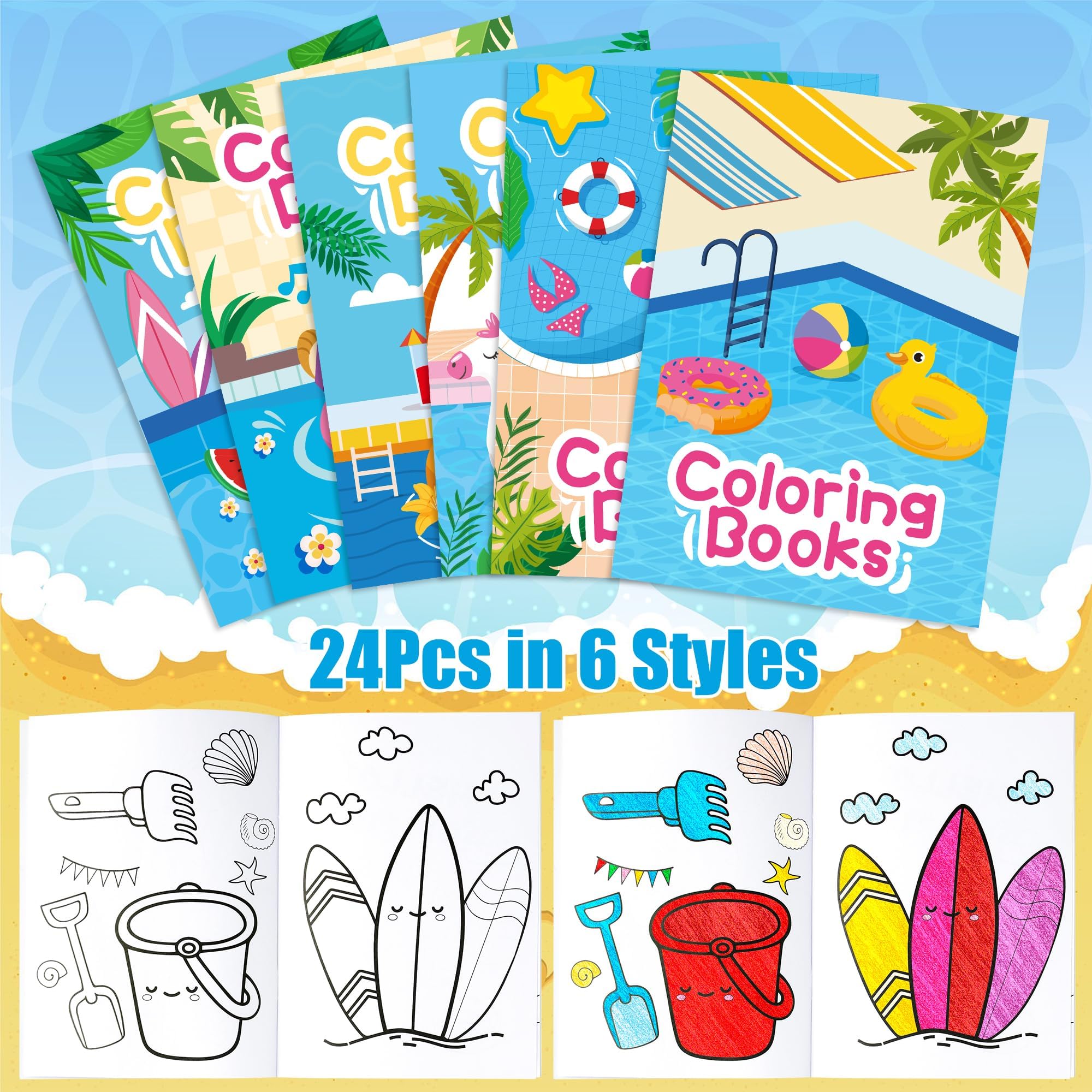 ANGOLIO Summer Pool Coloring Books - 24Pcs Summer Hawaii Coloring Books DIY Art Crafts Swimming Prop Pattern Party Creativity Color for Birthday Beach Carnival Party Supplies for Kids Students - Image 3