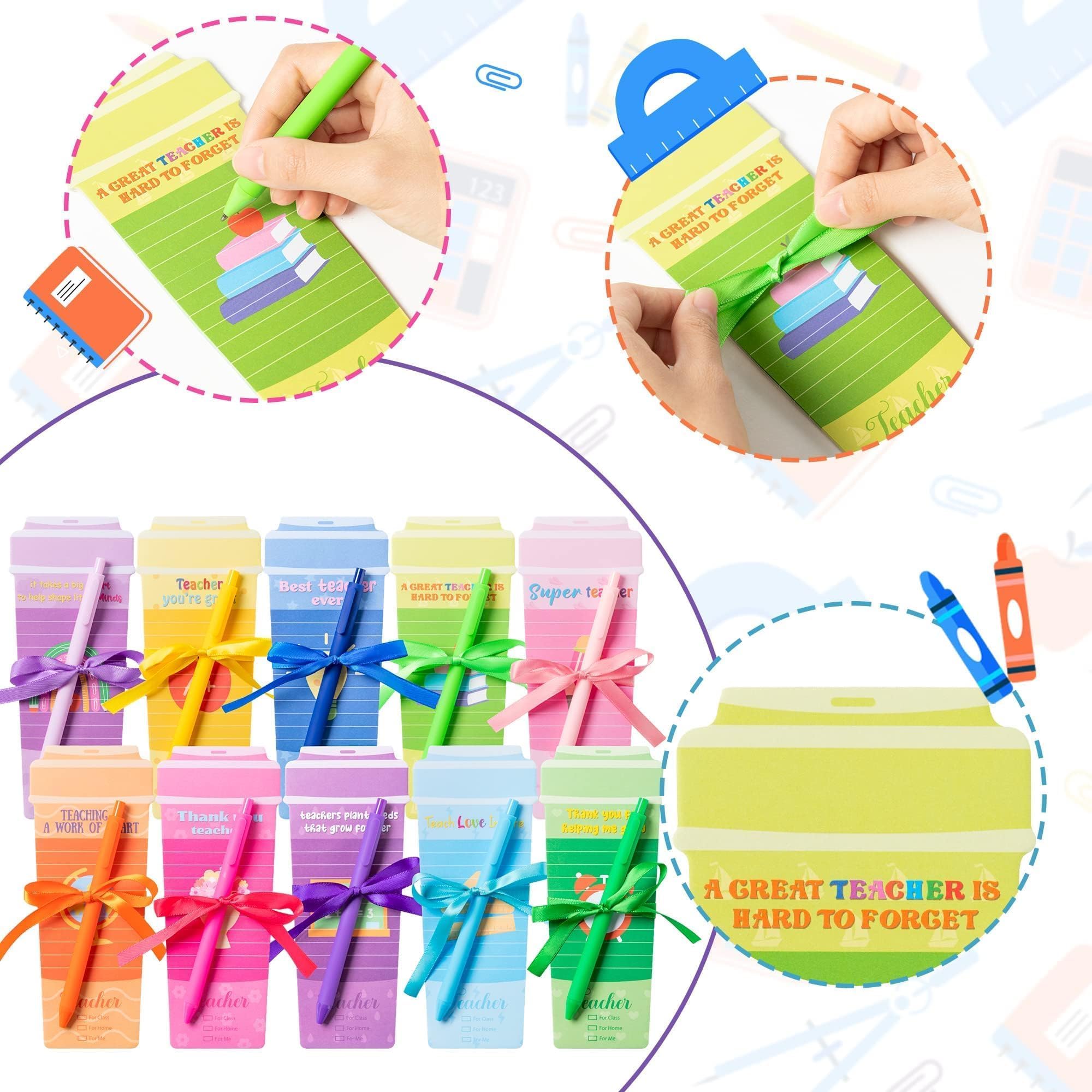 ANGOLIO Teacher Appreciation Gifts 10Sets Thank You Teacher Coffee Cup Notepads with Pens, Self-stick Sticky Note Personalized to Do List Note for School Office Birthday Party Summer Exchange Gifts - Image 4