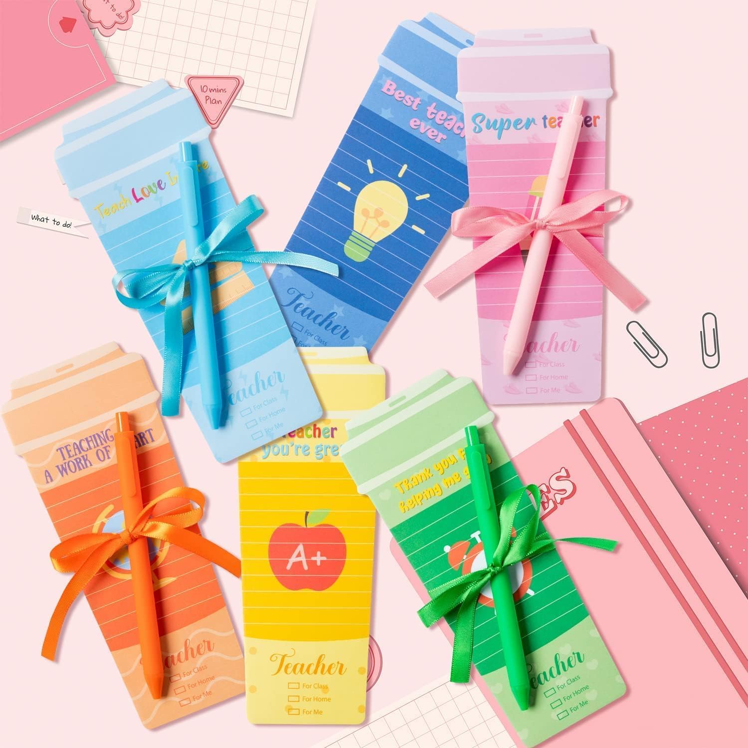 ANGOLIO Teacher Appreciation Gifts 10Sets Thank You Teacher Coffee Cup Notepads with Pens, Self-stick Sticky Note Personalized to Do List Note for School Office Birthday Party Summer Exchange Gifts - Image 5