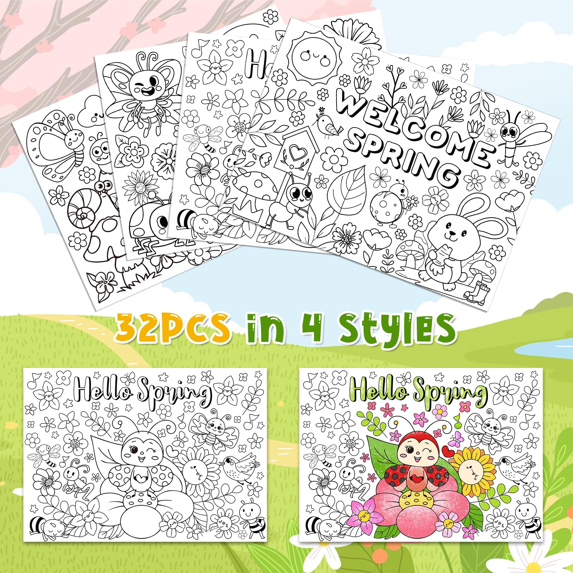 ANGOLIO Welcome Spring Animals Coloring Poster - 32Pcs Hello Spring Coloring Page Cute Cartoon Animals Plants Pattern Including Flower Bees Frog Butterfly for School Party Favor Gift Goodie Bag Filler - Image 3