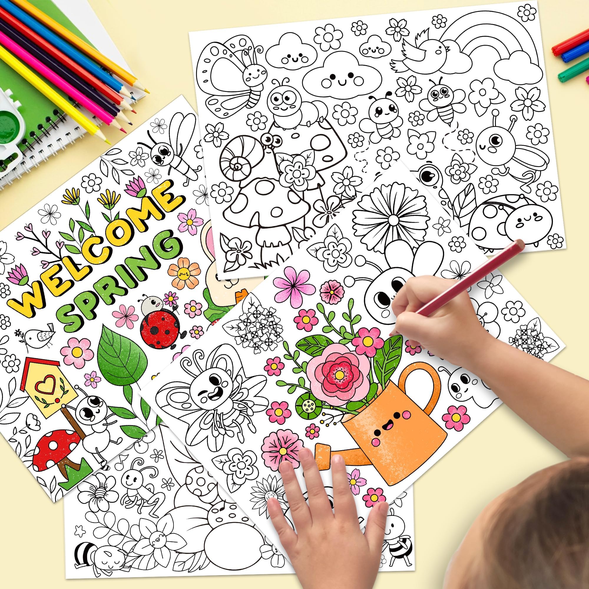 ANGOLIO Welcome Spring Animals Coloring Poster - 32Pcs Hello Spring Coloring Page Cute Cartoon Animals Plants Pattern Including Flower Bees Frog Butterfly for School Party Favor Gift Goodie Bag Filler - Image 4