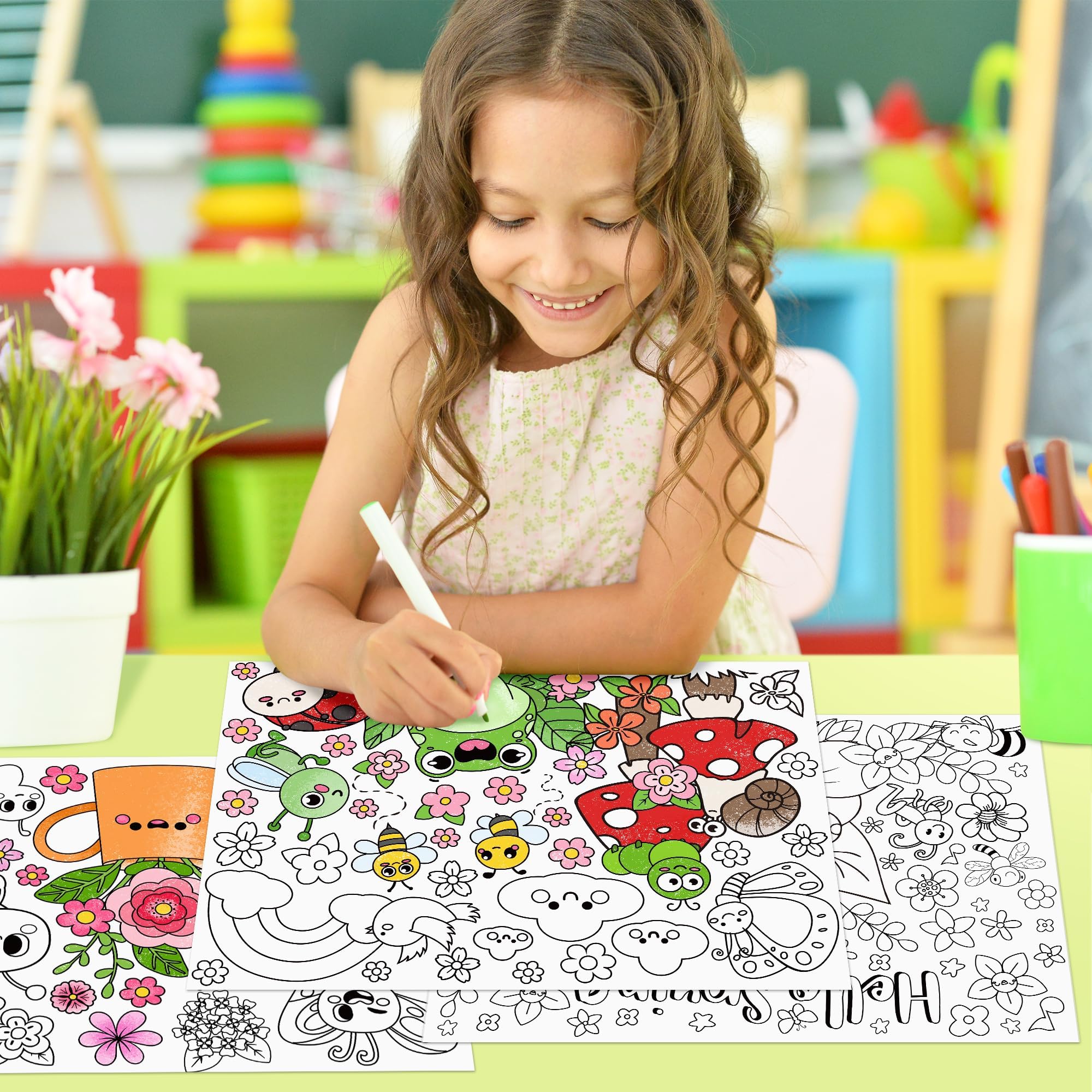 ANGOLIO Welcome Spring Animals Coloring Poster - 32Pcs Hello Spring Coloring Page Cute Cartoon Animals Plants Pattern Including Flower Bees Frog Butterfly for School Party Favor Gift Goodie Bag Filler - Image 5