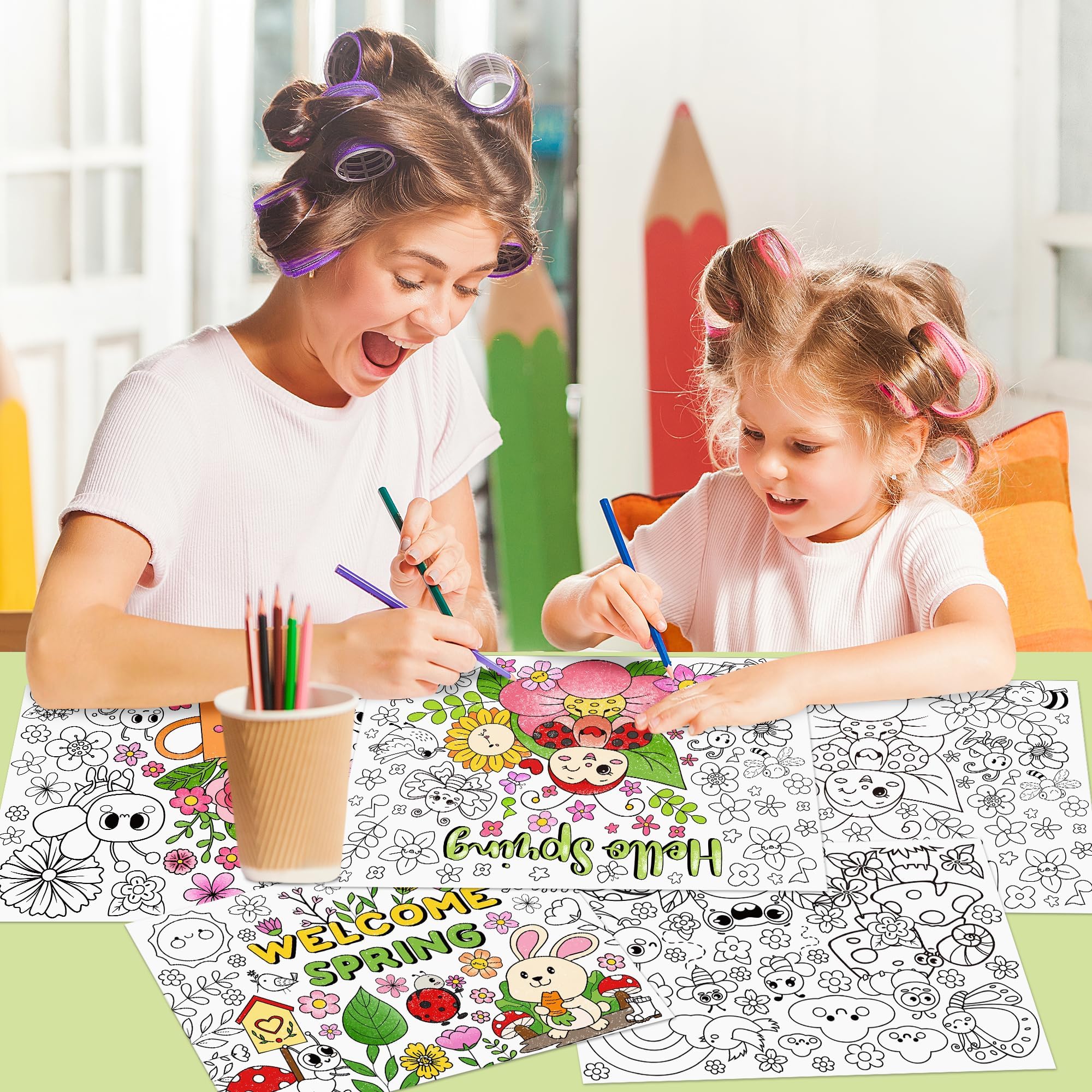 ANGOLIO Welcome Spring Animals Coloring Poster - 32Pcs Hello Spring Coloring Page Cute Cartoon Animals Plants Pattern Including Flower Bees Frog Butterfly for School Party Favor Gift Goodie Bag Filler - Image 6