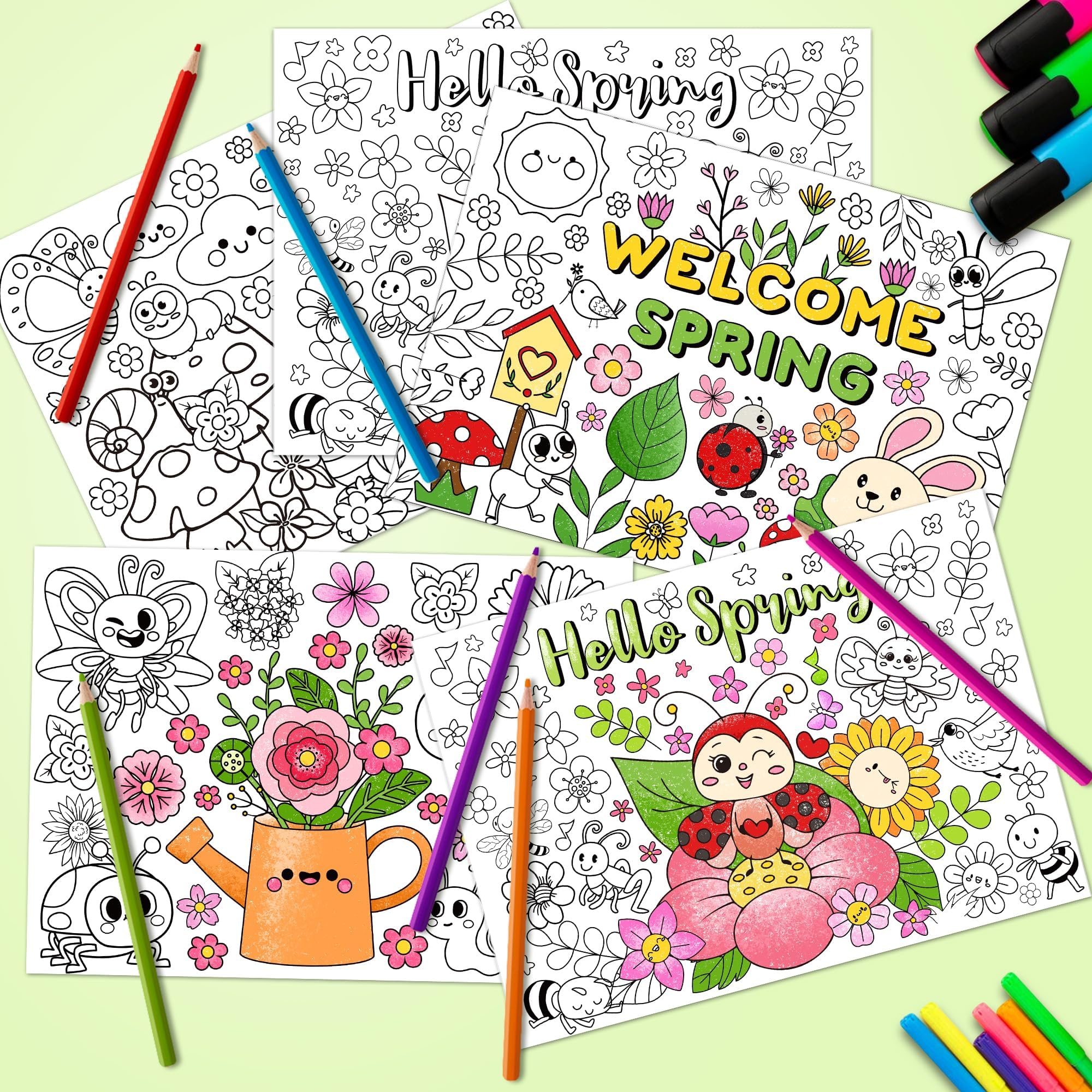 ANGOLIO Welcome Spring Animals Coloring Poster - 32Pcs Hello Spring Coloring Page Cute Cartoon Animals Plants Pattern Including Flower Bees Frog Butterfly for School Party Favor Gift Goodie Bag Filler - Image 7