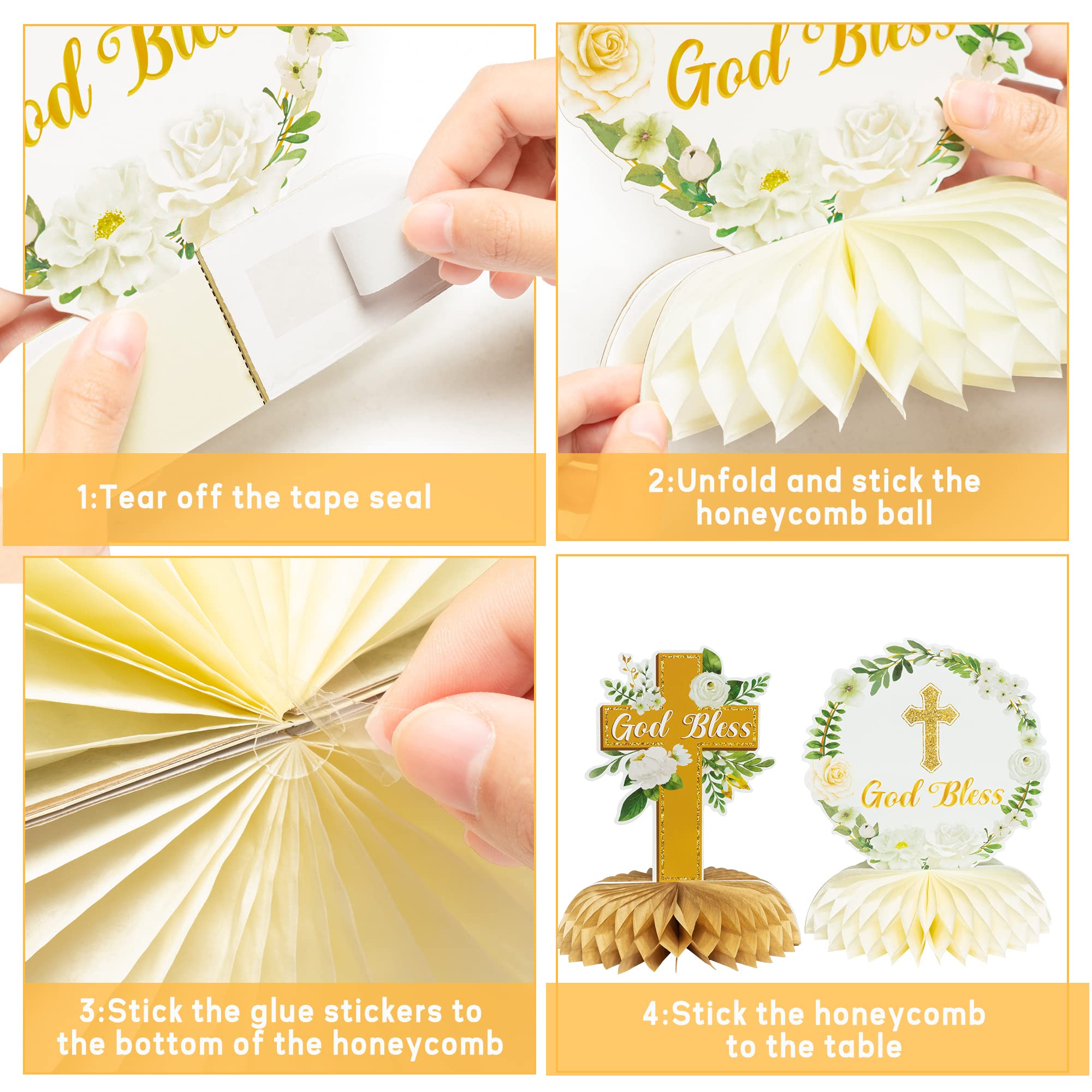 ANGOLIO White Gold Floral Honeycomb Centerpieces - 12Pcs Rose Greenery God Baptism Honeycomb Centerpieces Baby Shower Decor for Boy Girl Party Decor 3D Table Toppers God Bless First Communion Birthday - Image 4