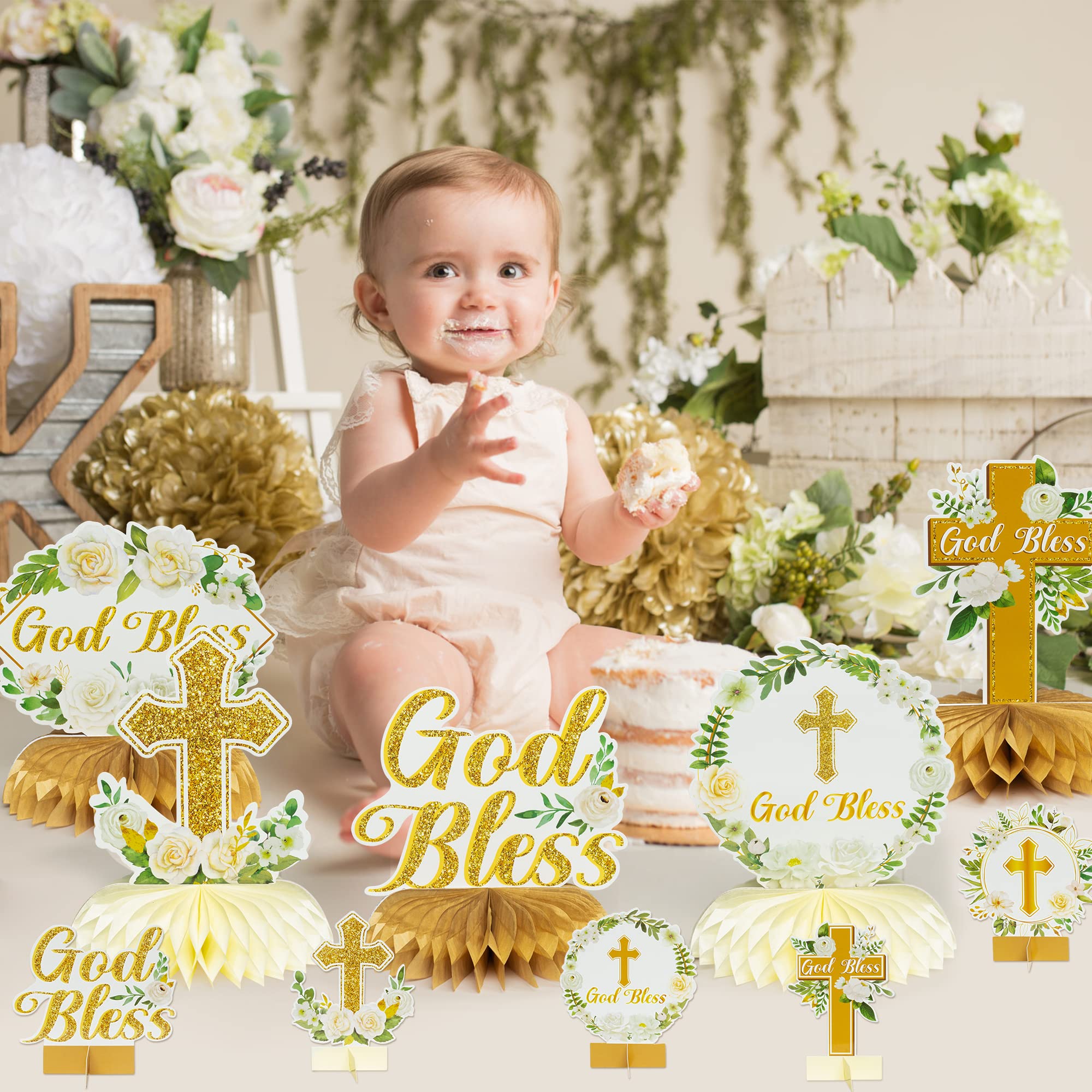 ANGOLIO White Gold Floral Honeycomb Centerpieces - 12Pcs Rose Greenery God Baptism Honeycomb Centerpieces Baby Shower Decor for Boy Girl Party Decor 3D Table Toppers God Bless First Communion Birthday - Image 5