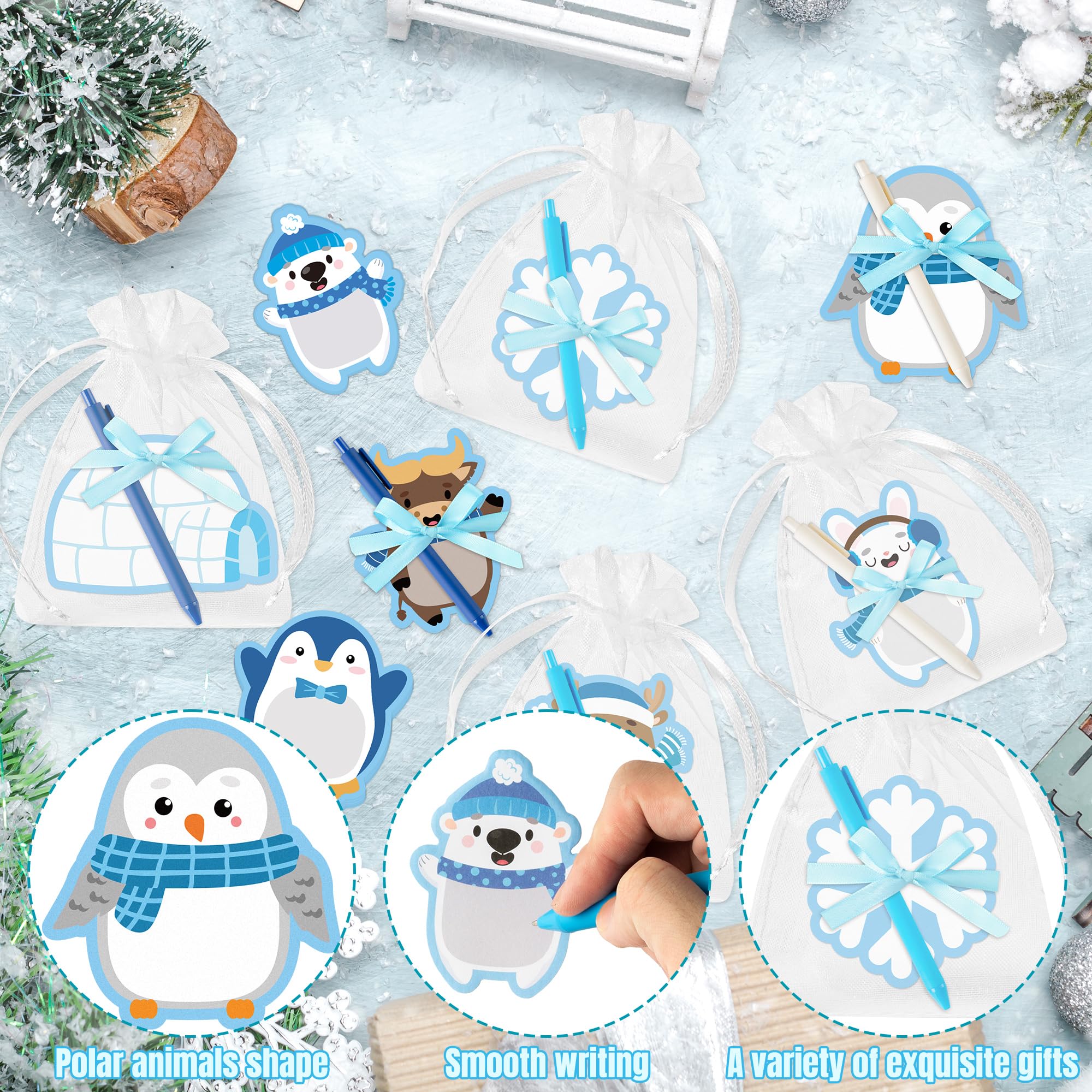 ANGOLIO Winter Polar Animals Sticky Notes with Pens - 24 Sets Christmas Arctic Animals Self-Stick Notepads Holiday Penguin Bear Writing Memo Notes Classroom Office Home Party Favor for Kid Adult Gift - Image 3